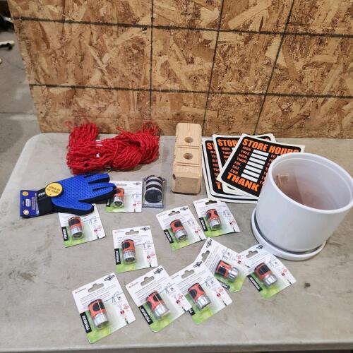 Planter, garden hose connectors, signs, etc.