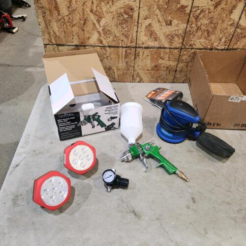 Spray gun, rotating magnetic lights, sander