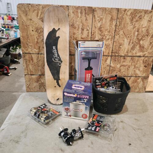 Ice Cream maker, door knobs, skateboard, air pump