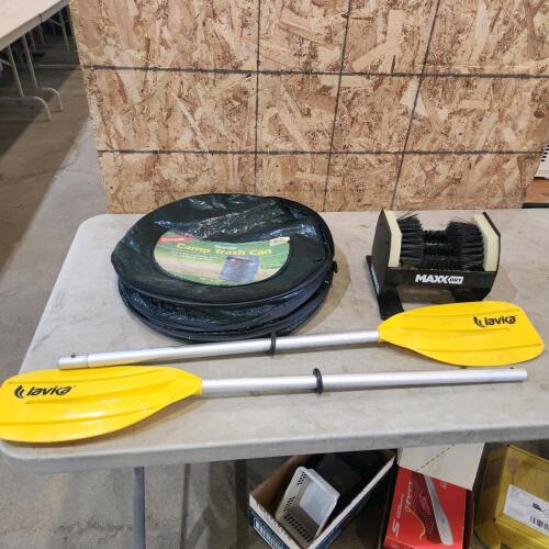 Pop up trash can, boot brush, paddles