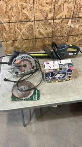 Skilsaw w blades, hedge trimmer, tire inflator