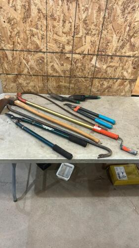 Various garden tools, toilet snake, crow bar