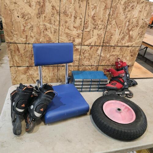 Kids rollerblades, folding chair, wheelbarrow wheel, storage drawers