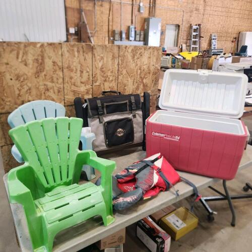Camping chairs, life jacket, cooler