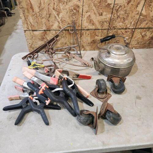 Clamps, plant hangers, castors, kettle