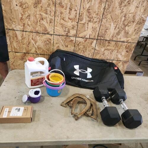 25lb weights, stud finder, wood sealent, etc.