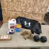 25lb weights, stud finder, wood sealent, etc.