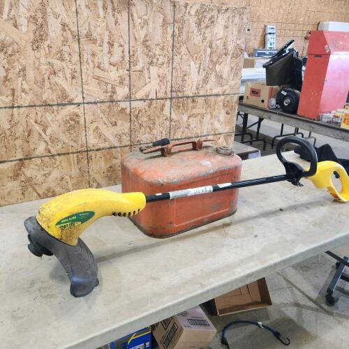 Electric string trimmer, metal gas can