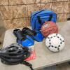 Flippers, bike helmet, sports balls