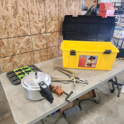 Pressure cooker, wellding vice grips, clamps, toolbox