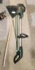 Electric string trimmer, plant stakes, rake