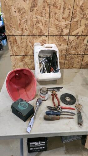 Various hand tools, oil funnel