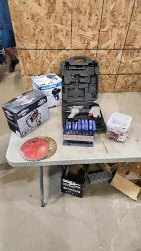 12V air compressor, sand blaster, brad nailer, T handle allen keys, 4" deck screws