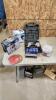 12V air compressor, sand blaster, brad nailer, T handle allen keys, 4" deck screws