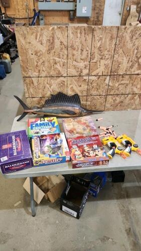Board ganes, nerf guns, 32" wooden fish