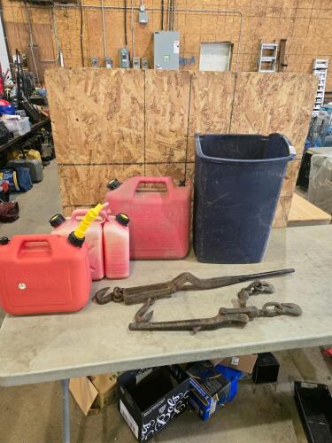 3 Gas cans, garbage can, load binders