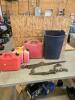 3 Gas cans, garbage can, load binders