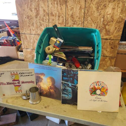 Various records, light bulbs, empty pepsi bottles
