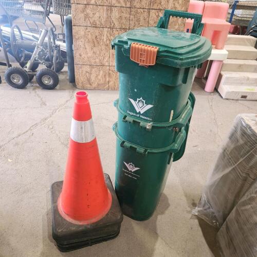 5 26" Pylons, 3 garbage bins