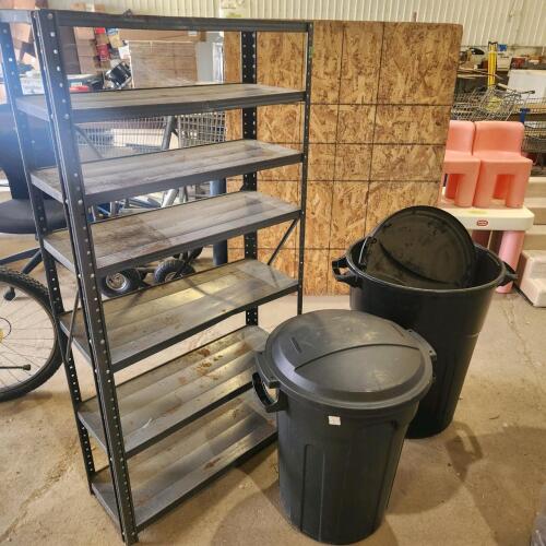 2 Garbage cans & metal shelf