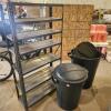 2 Garbage cans & metal shelf