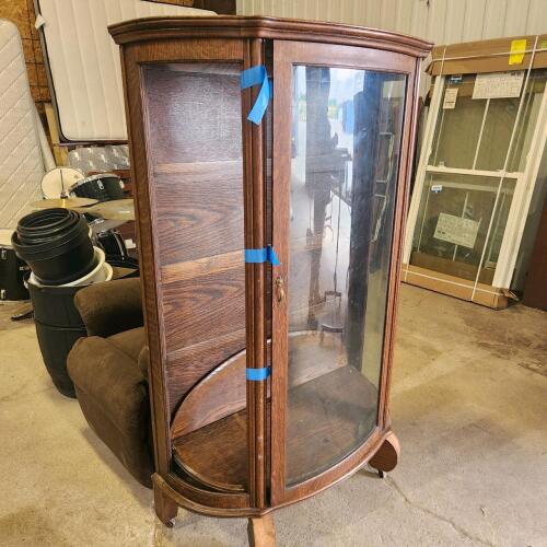 Bow front cabinet missing one side glass w shelves, 40"W 14"D 61"H