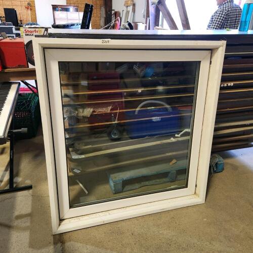 Opening vinyl window, missing screen, 42"W 40"H