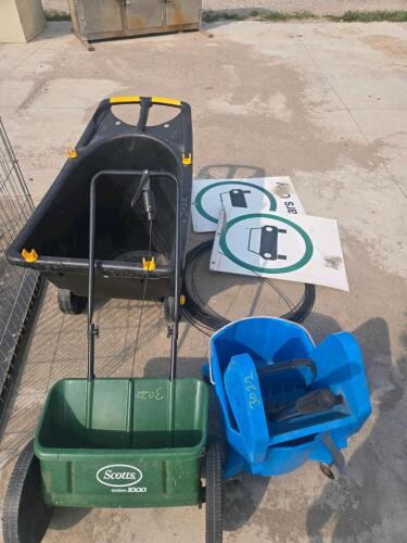 Mop bucket, fertilizer spreader, yard card, plastic coated wire, signs