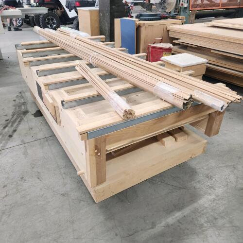 Large wooden rolling lift table out of wood shop 40"W 76"L, some trim