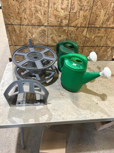 Wall mount hose reel & rack, watering cans