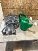 Wall mount hose reel & rack, watering cans