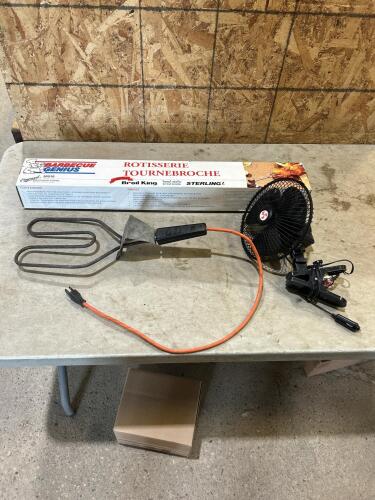 Rotisserie, fire starter, clip on 12v fan