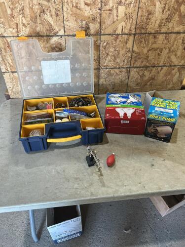 Various hardware, 75W lightbulbs, 120v pump