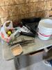 Ext cord, dvds, suction gun, catch pan, pails, etc