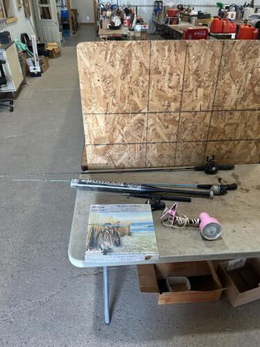 Fishing poles, alum bat, puzzle, light