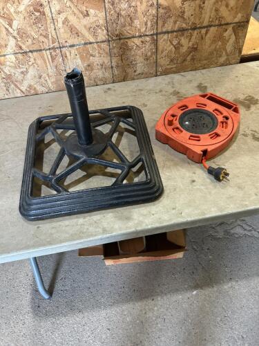 Umbrella base, hose reel