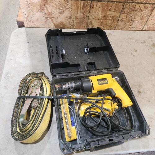 Dewalt hammer drill, 2" ratchet strap