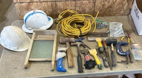 Ext cord, hard hats, various hand tools