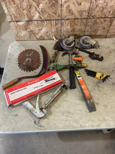 Grease gun, saw blades, etc