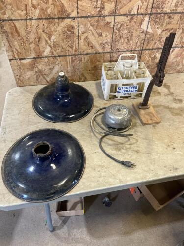 Antique milk bottles, fire alarm, bottle corker, etc