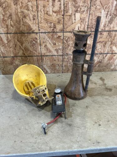 Water bowl, foot pump, screw jack