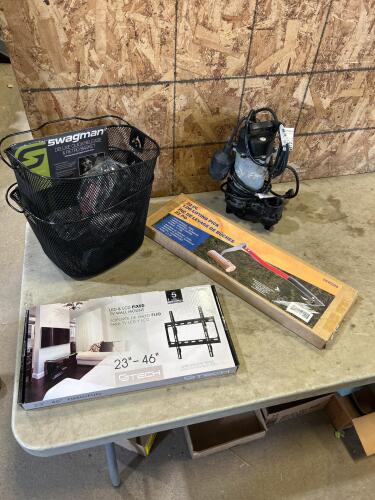 Sump pump as is, bike baskets, log lifting pick, tv mount