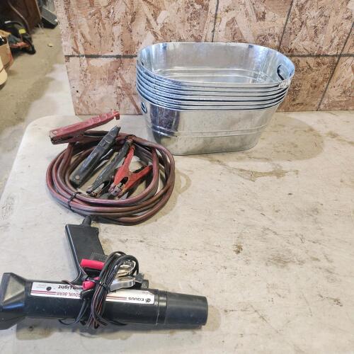 Booster cables, timing light, steel bins