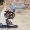 Booster cables, timing light, steel bins