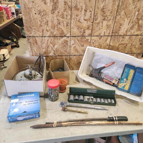 1/2" Sockets, ratchets, pry bars, lights, etc.