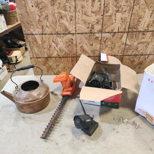 Wireless security cameras, hedge trimmer, mini figurines