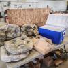 Garbage bags, cooler, cushions
