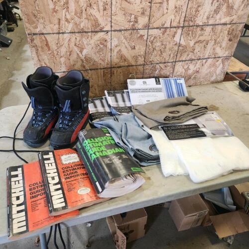 Sz 7 snowboarding boots, car manuals, curtains