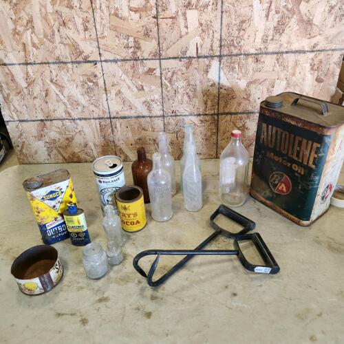 Vintage tins, glass bottles and bale hooks