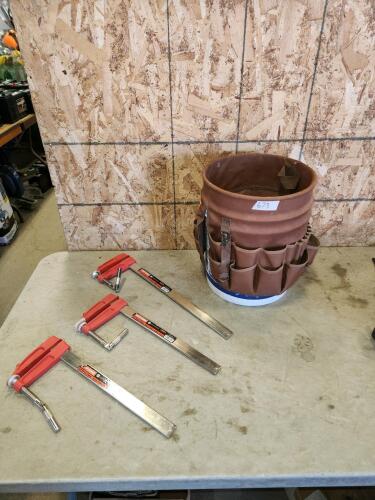 2- 12", 1-16" clamps, tool bucket